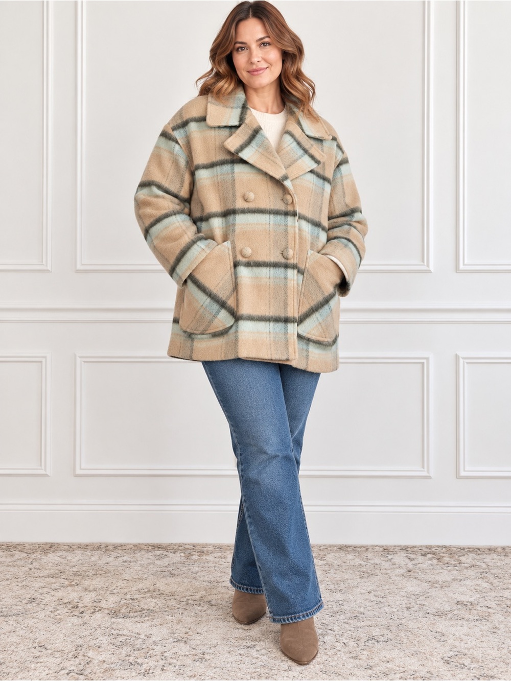Ellen Tracy Plaid Double Breasted Peacoat Tan Sage Green Large NWT Velvet Collar